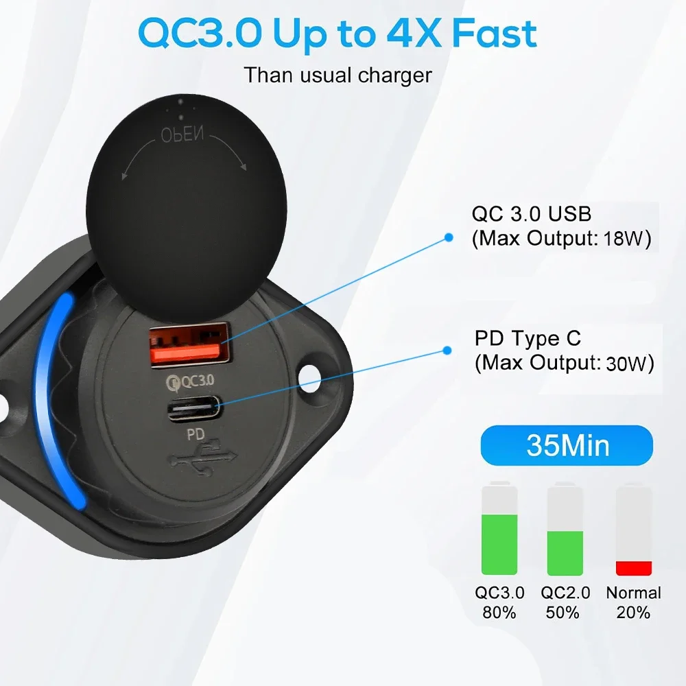 48W PD QC 3.0 차량용 충전기 소켓 슬라이딩 캡 포함 USB 타입-C 고속 충전기 전원 콘센트 차량용 보트 버스 RV용
