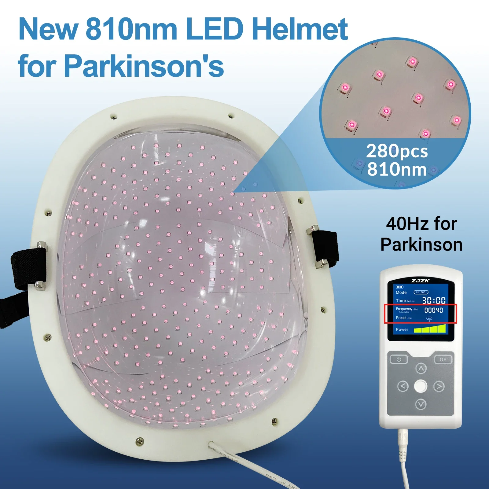 ZJZK Upgraded Effective Stimulate Nerve Alzheimer Parkinson Dementia PBM Treatment 810nm 1070nm 280 LED Chips 40Hz Brain Helmet