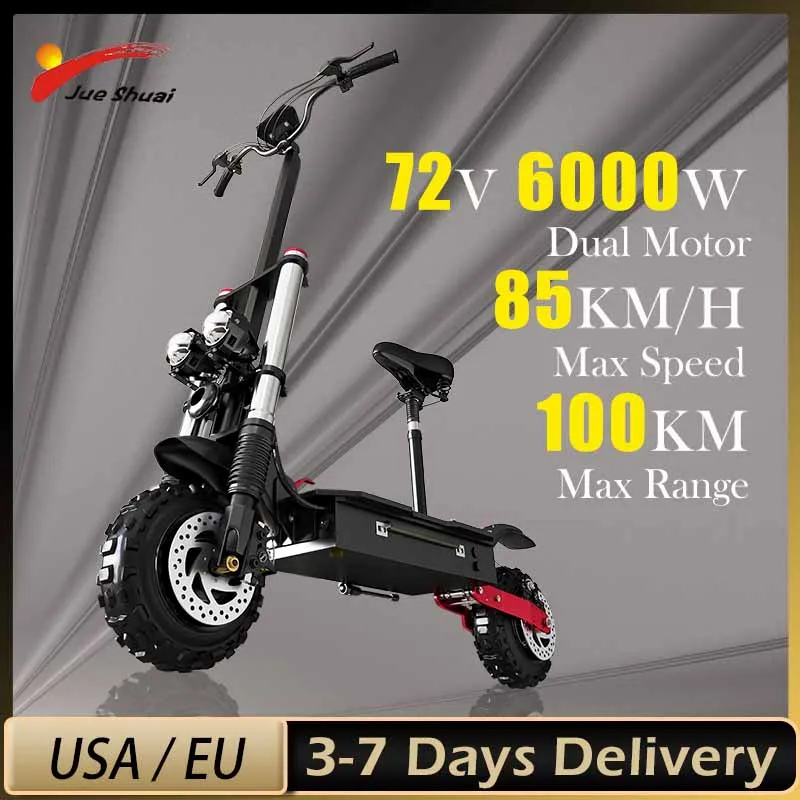6000W Dual Motor Electric Scooter for Adults 85KM/H Top Speed E Scooter with Seat 100KM Maximum Distance Shock Absorption