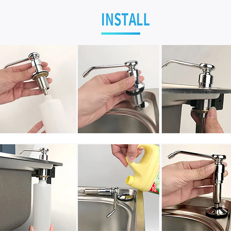 Stainless Steel Sink Soap Dispenser Kitchen Detergent Liquid Soap Dispenser Refillable Hand Press Sink Built-in Bottle 6