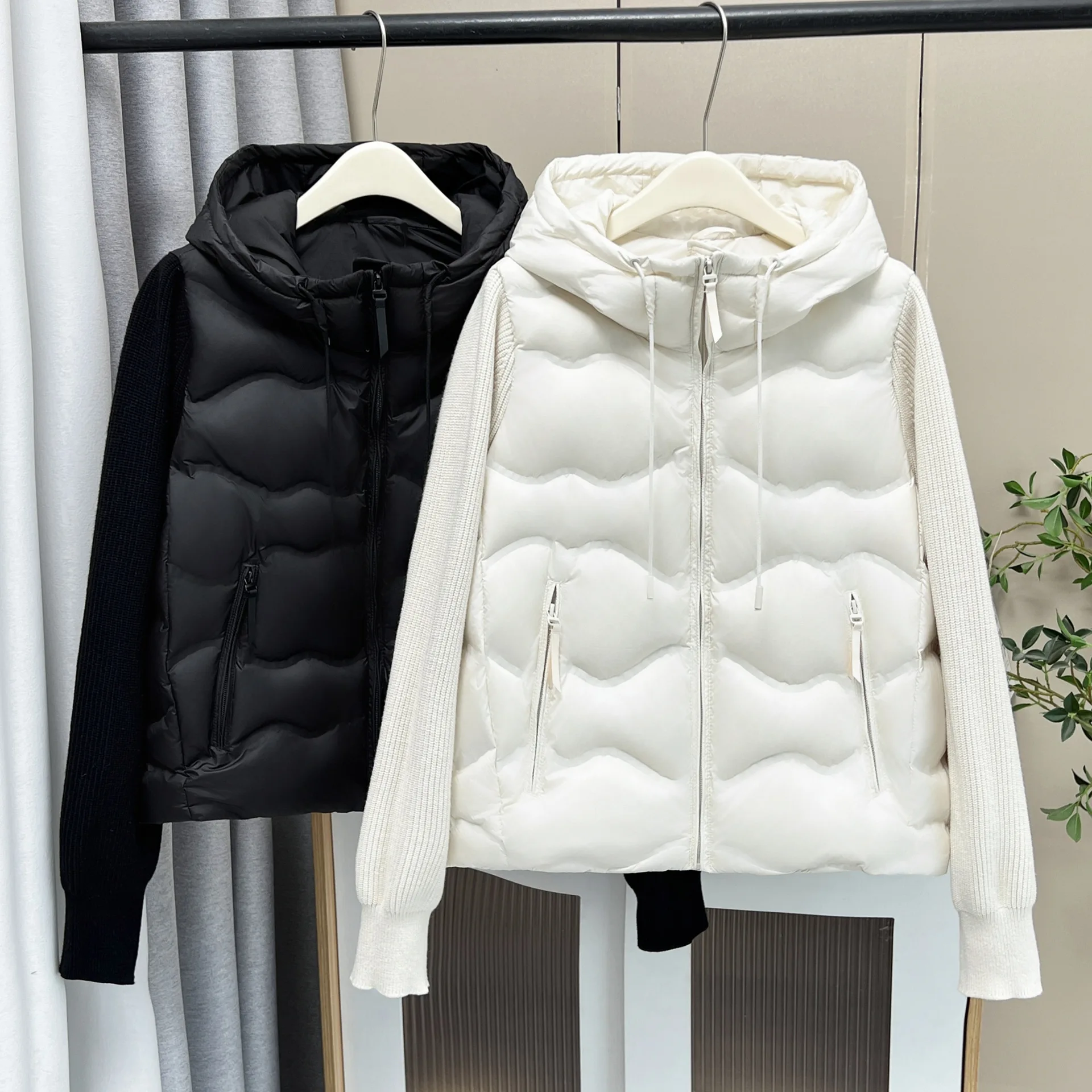 XXXXL Fashion Plus Size Women's Down Jacket 2025 Winter New Korean-style Knitted Sleeve Hooded White Duck Down Warm Coat 1769