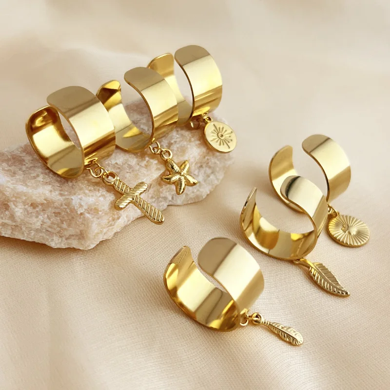 Neue Punk Gold Farbe Edelstahl Geometrische Ringe Für Frauen Unisex Feder Seestern Kreuz Anhänger Breiten Ring Partei Schmuck