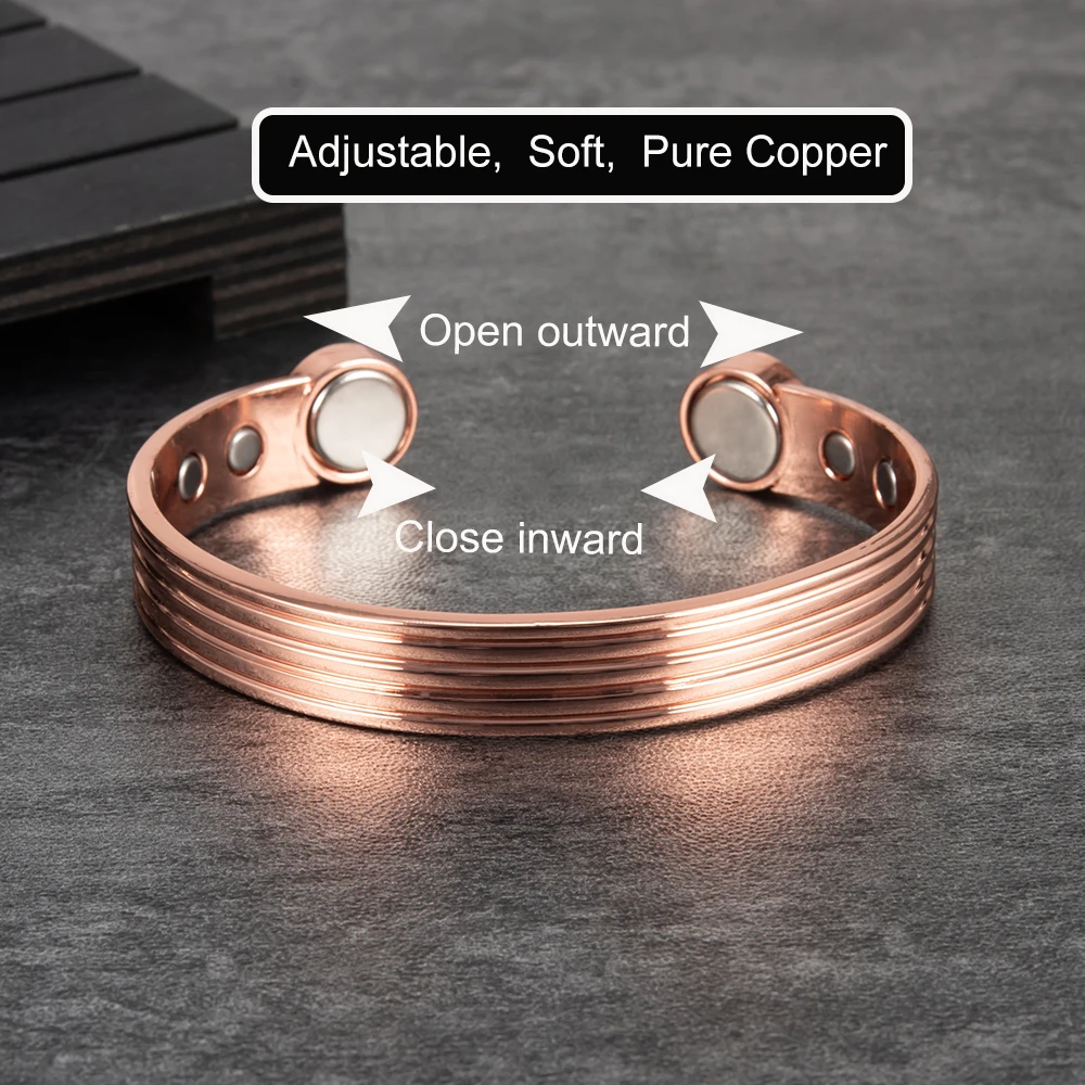 Magnetic Bangle Bracelet Pure Copper Adjustable Open Cuff 10mm Wide For Women