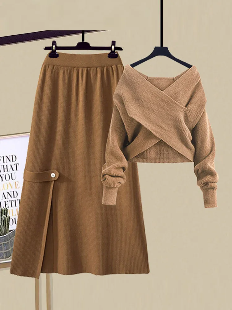 

Женский трикотажный комплект из двух предметов, элегантный асимметричный трикотажный свитер с V-образным вырезом и юбка с разрезом сбоку, зимний комплект из двух предметов