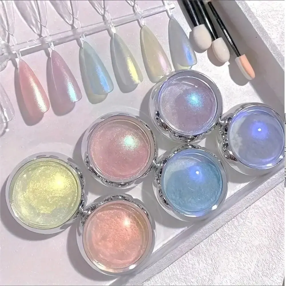 6pcs Auroras Nail Powder Metallic Mirror Effect Holographic Chameleon Pigment For Nail Art Gel Polish Mermaid Dipping