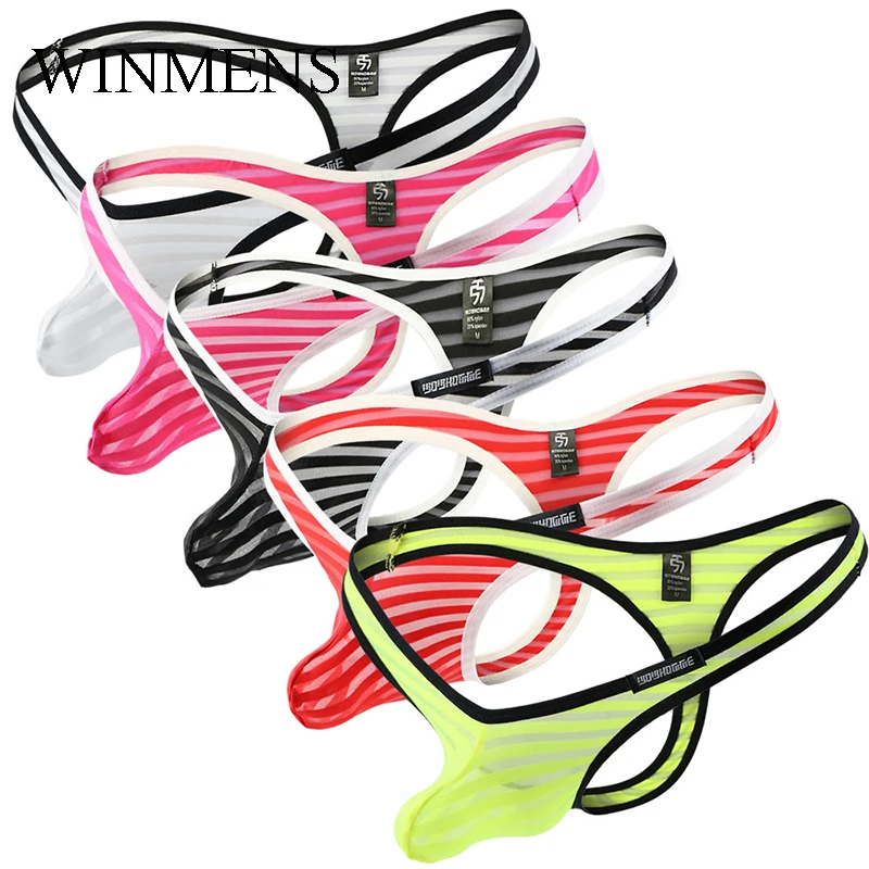 

Gay Sexy Flying Bird Pouch T-back Thongs Men's Mesh Transparent Hipless Jockstraps Lingerie Sissy See Inner Striped Strings