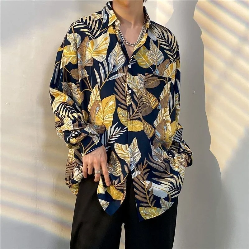 Korean Version Mens Vintage Long Sleeve Dress Shirt Trend Couple Hawaiian Loose Flower Print Blouses Shirt Mens Designer Clothes