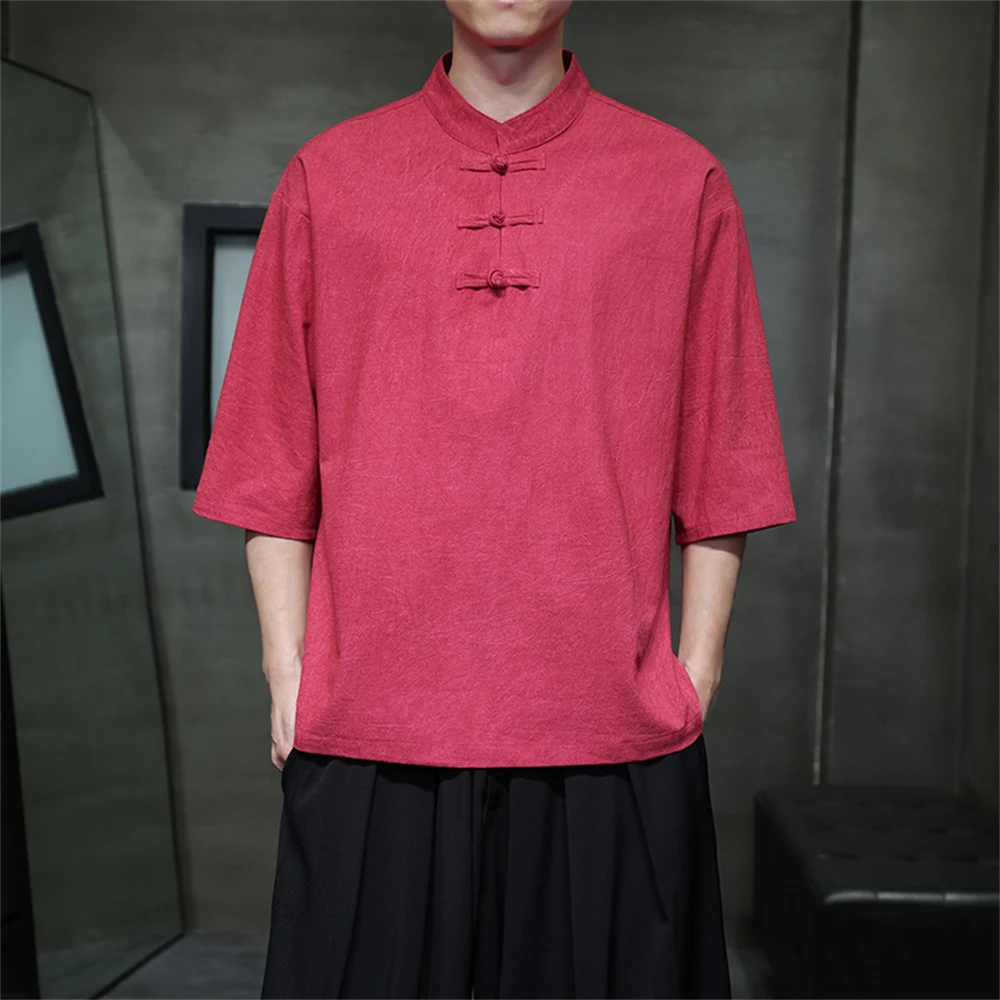 Men New Disc Buckle Cotton Linen Hanfu Tops Chinese Style Plus Size Fashion Casual T-shirt Male Loose Breathable Pullover