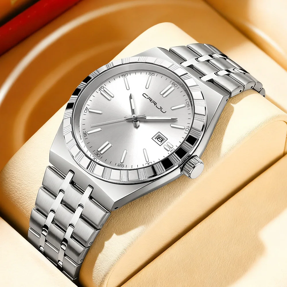 Silver Analog Men's Dress Watch: Stainless Steel Wristwatch with Date - Easy to Read, Perfect Gift