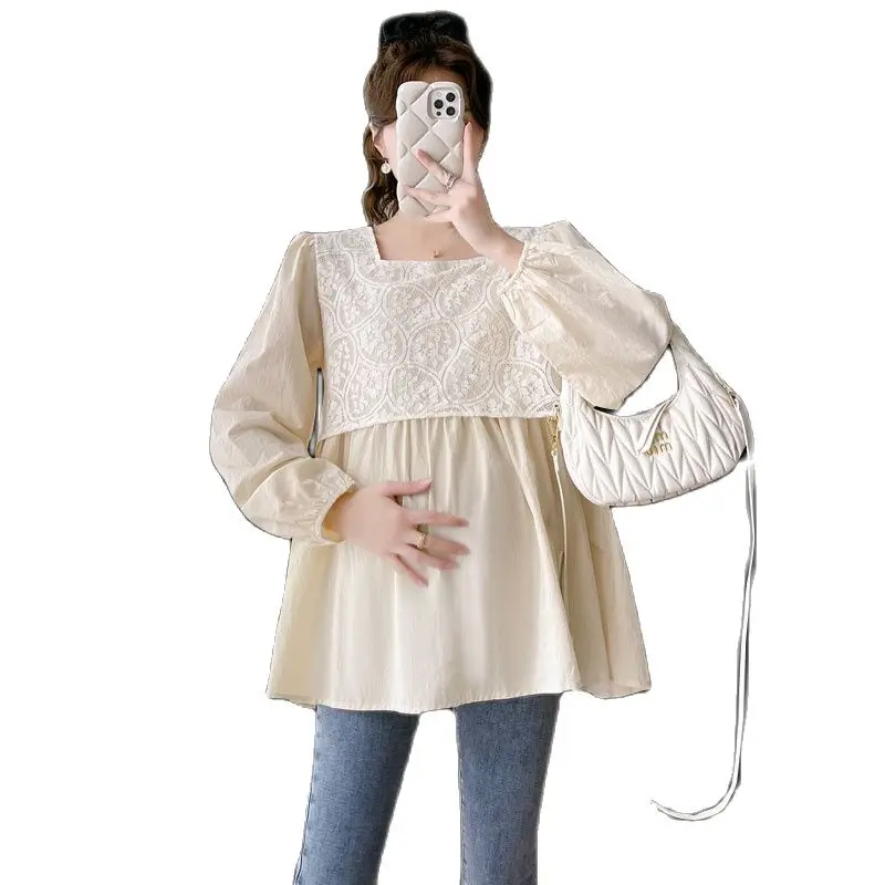 

2023 Autumn Pregnancy Lace Shirts Long Sleeve Square Collar Loose Maternity Blouses Plus Size Pregnant Women Blouses Fashion Top