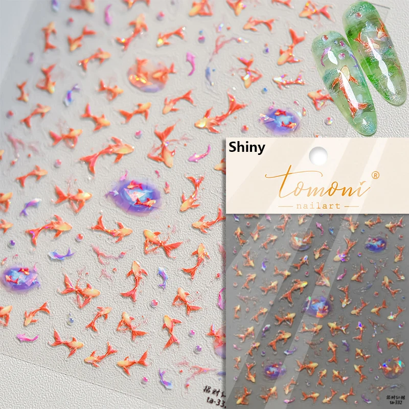 Shimmering Ocean-Themed Nail Art Stickers with Little Red Fish and Goldfish Designs