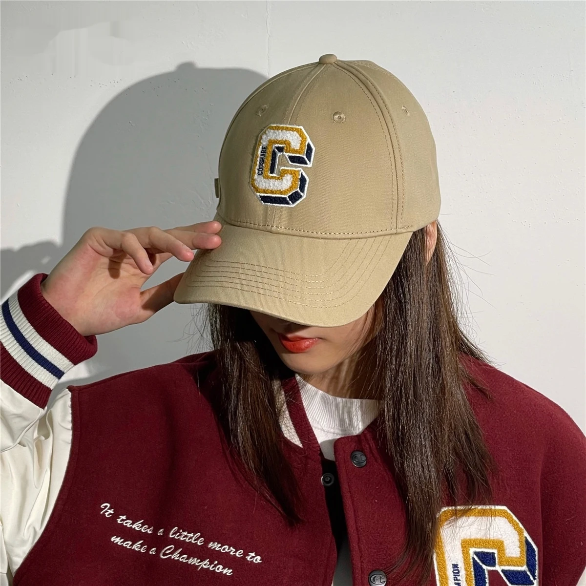 

2023 new letter hard top baseball cap male big brim show face small cap autumn and winter big head round hat female
