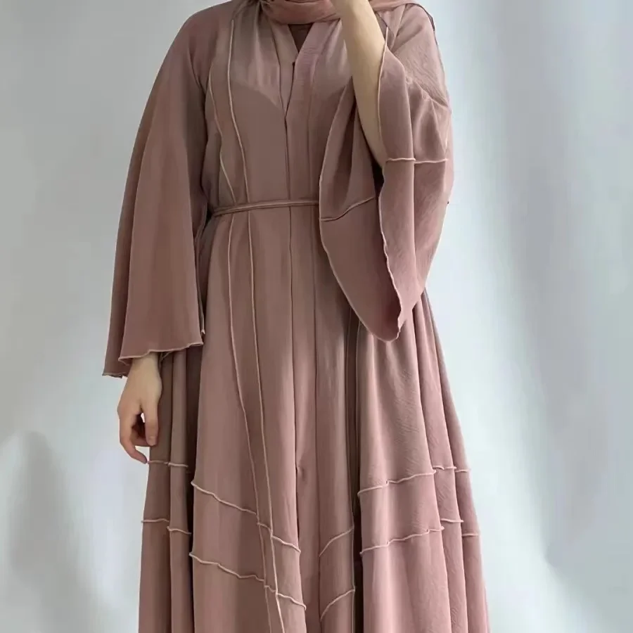Open Abayas for Women Islamic Clothing Cardigan Muslim Kimono Belt Abaya Dubai Modest Hijab Outwear Ramadan(No Inner,No Scarf)