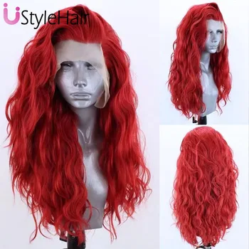 UStyleHair Hot Red Lace Front Wig Long Loose Curly Synthetic Hair13X4 Heat Resistant Frontal Lace Wig Daily Wear Cosplay Wigs