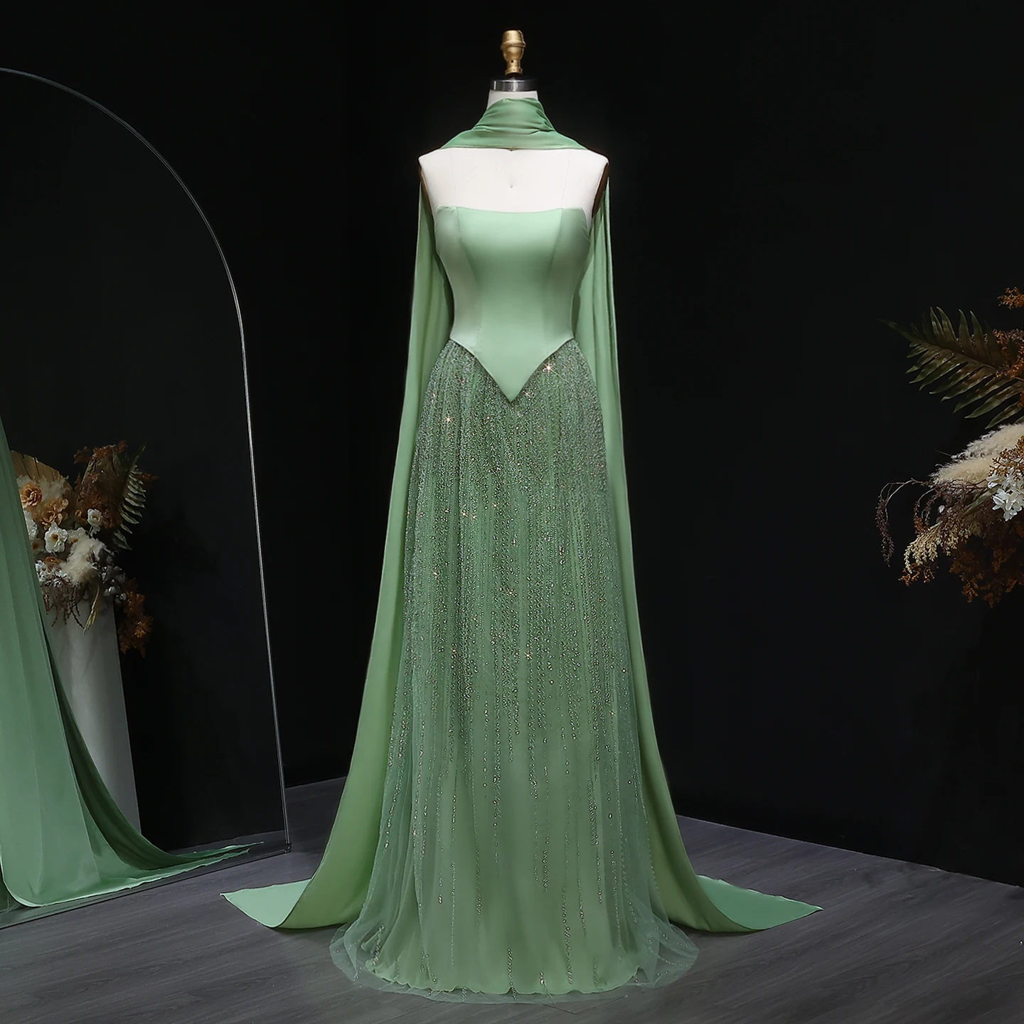 what type of dress to wear to a beach wedding Vintage 90S Sage Green Prom Dress Blue Beaded Gown Party Dress main image 0