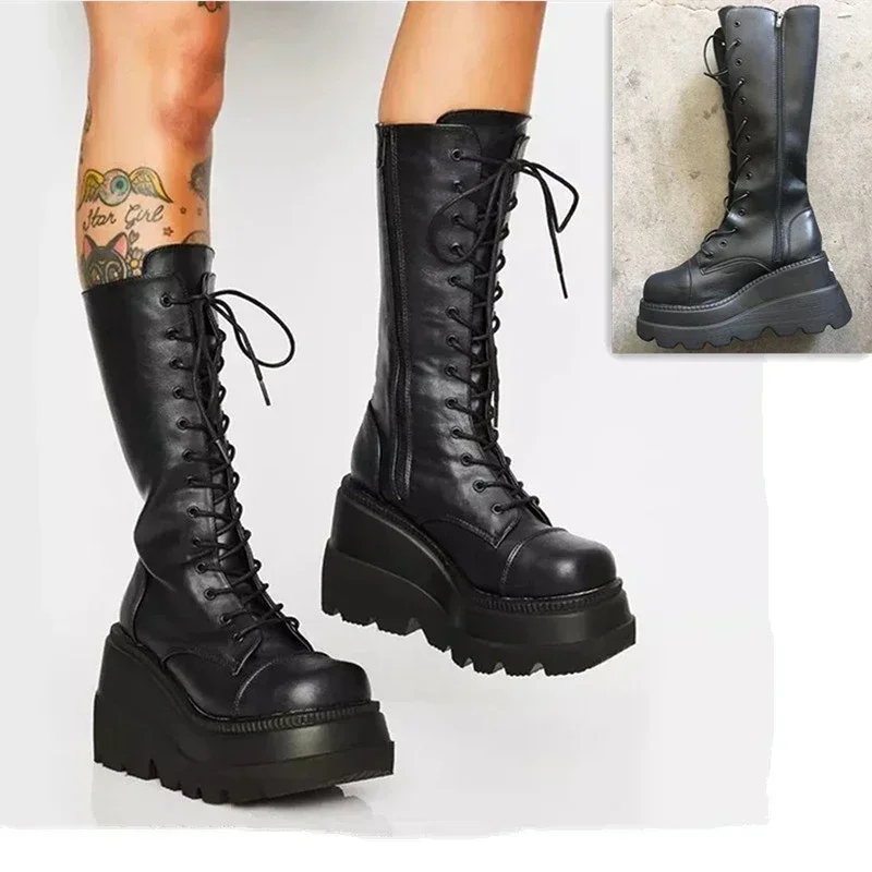 Punk Women Platform Boots Elastic Microfiber Chunky Heel Mid-calf Ladies Boots 2025 Spring Autumn