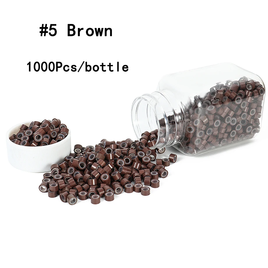 헤어 익스텐션 마이크로 링 체인 비즈, 5mm 실리콘 안감 비즈, 인모 연장 살롱 도구, 블랙 다크 브라운 금발, 1000 개