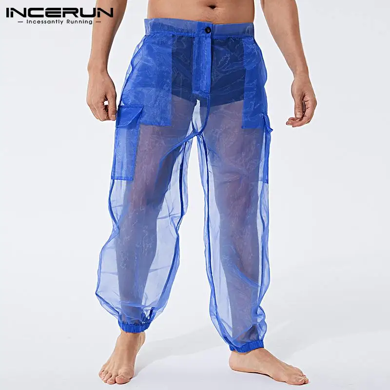 Men Pants Mesh Button Solid Color Sexy See Through Casual Trousers Vacation Breathable Pockets Pantalones Hombre INCERUN wide leg pants men dress pants
