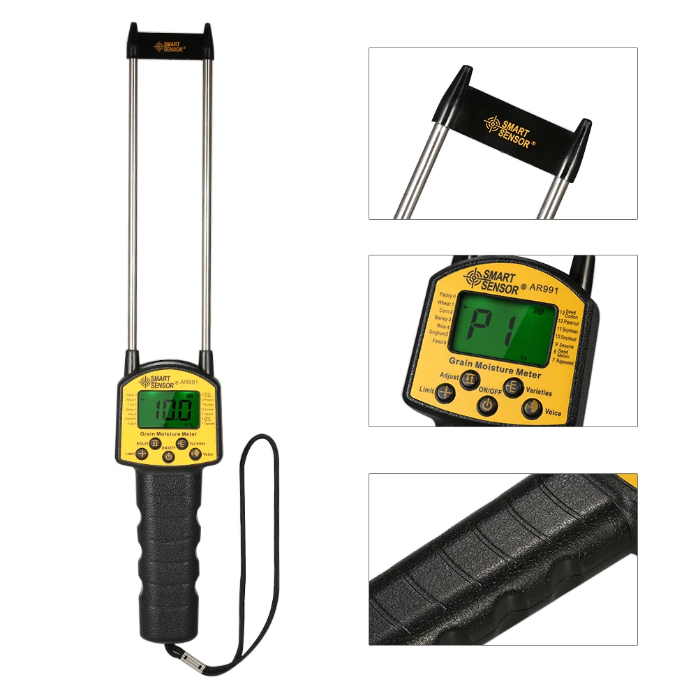 SMART SENSOR Handheld LCD Digital Grain Moisture Meter Hygrometer with Measuring Probe For Corn Wheat Rice Bean