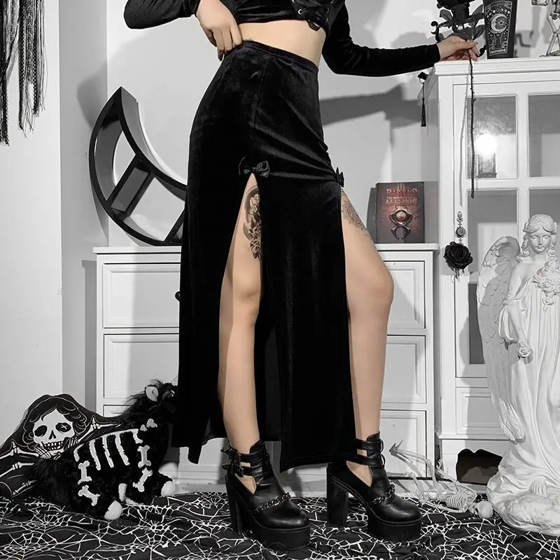 black maxi skirt Dark series skirt 2022 new design feeling minority bow Suede double-slit half-length skirt denim skirt