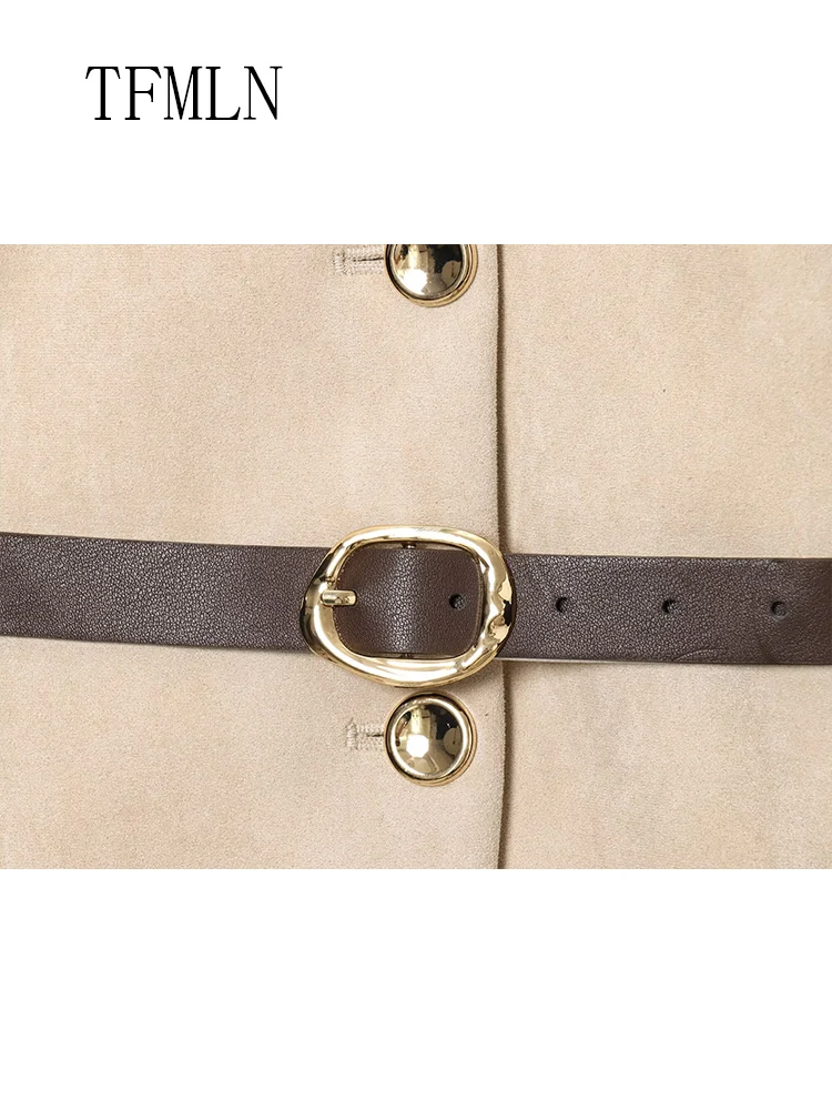 Office Ladies Single Breasted Jackets With Belt 2025 Autumn O-neck Full Sleeve Chic Causal Coats Vintage Pockets Street Outwear