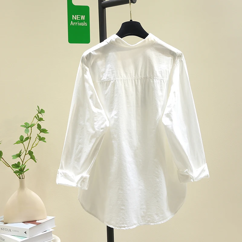 Spring and Autumn New Cute Cat Embroidery Pure Cotton Breathable Shirt for Women, Korean Style Casual Age-Reducing Versatile Student Layered Long-Sleeve White Shirt Top 2