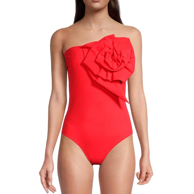Sexy Women Swimwear 2023 Red Color Shoulder 3D Flower Bikinis One-Piece Swimsuit High Waist Fashion Irregular Skirt Bathing Suit