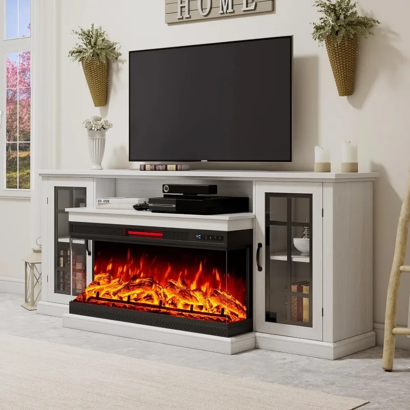 Fireplace TV Stand with 3-Sided Glass Electric Fireplace, 59 Media Entertainment Center with Farmhouse Glass Door Storage