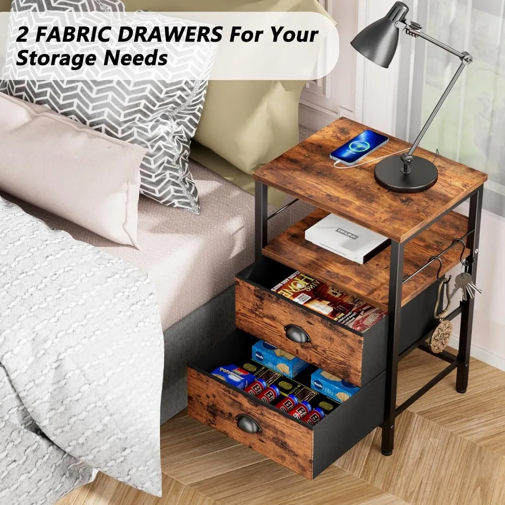 Nightstand Set of 2, Charging Station and USB Ports, Side Tables with 2 Fabric Drawers, Bedside Tables 5