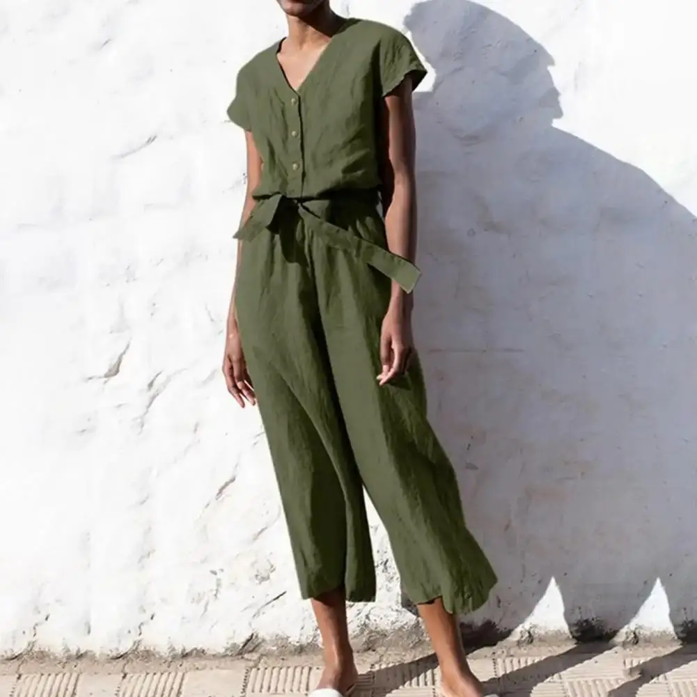 

Buttons Half Placket Jumpsuit Women Jumpsuit Stylish Summer V-neck Jumpsuit Chic Half Placket Design Wide Leg for Streetwear