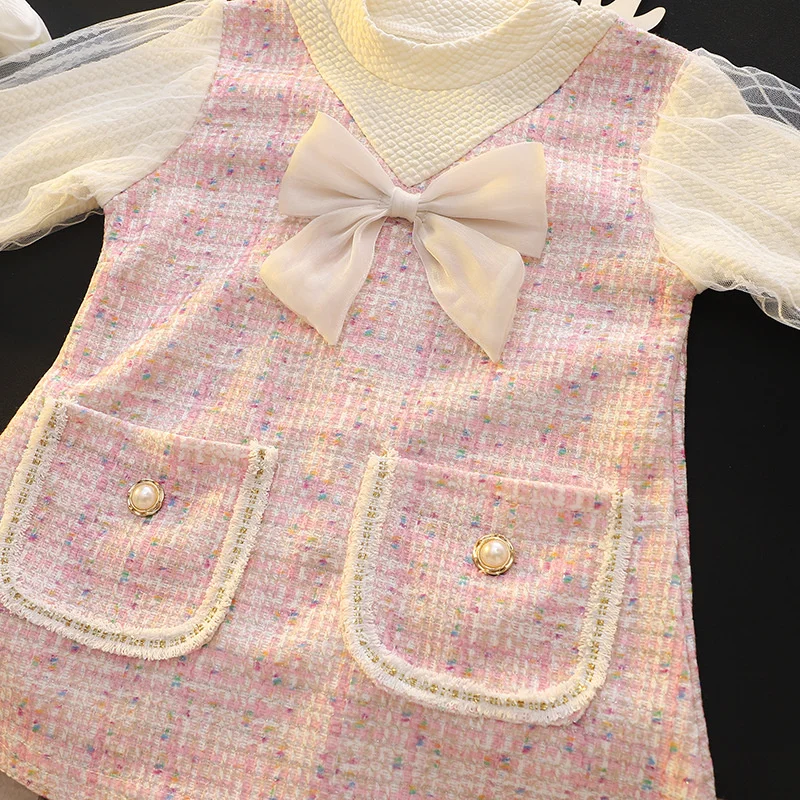 Abiti eleganti per bambini per ragazze Moda Arco Manica lunga Principessa Bambini Festa di compleanno Abito Primavera Morbido Vestiti per bambini Vestito - immagine 4