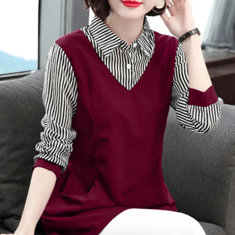 Fashion Lapel Spliced Striped Fake Two Pieces Blouse Women's Clothing 2023 Spring New Oversized Casual Pullovers Korean Shirt