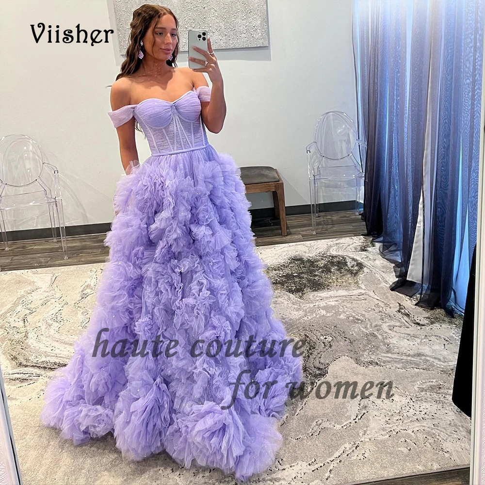 

Lavender Tulle Evening Party Dresses Off Shoulder Sweetheart A Line Luxury Prom Dress with Train Long Pageant Event Gowns