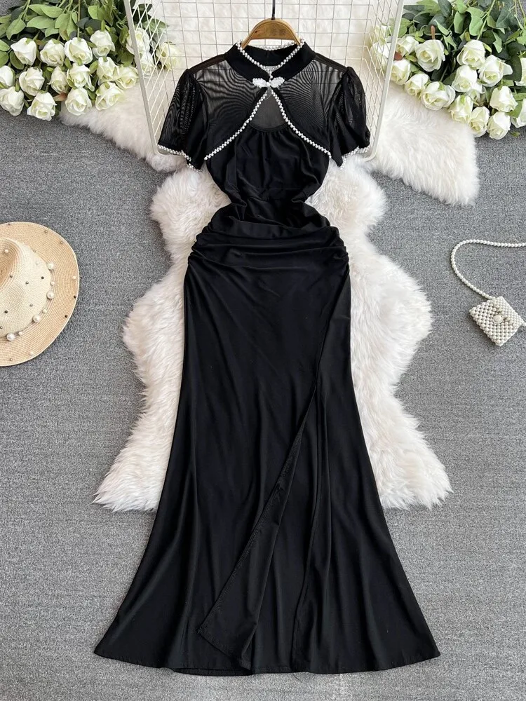 

SsTss Summer Dress Women Sexy Black Perspective Mesh Patchwork Beading Stand Collar Short Sleeve Cut Out Slim Split Party Dress