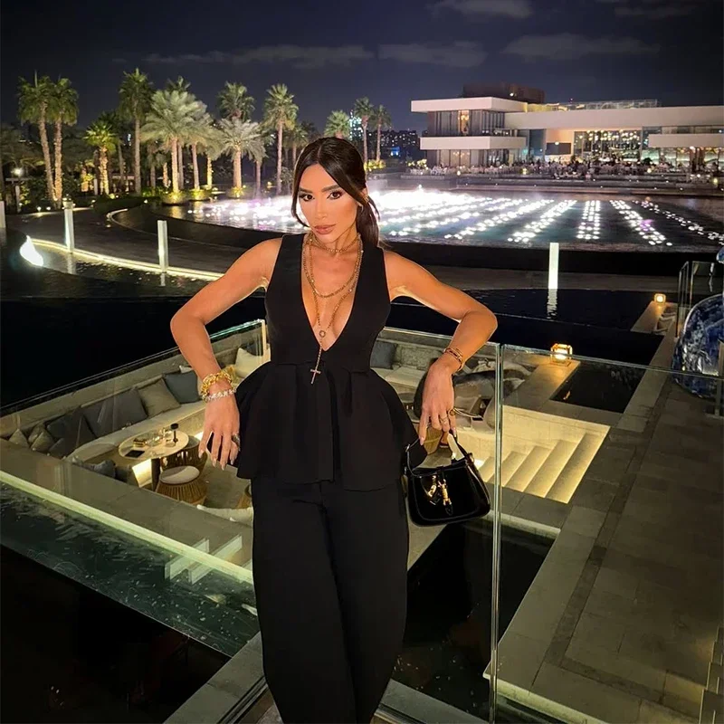 Black Elegant Pant Suit Women V-neck Sleeveless Ruffles Tank Tops Loose Trouser Female 2 Pieces 2025 Fashion Lady Outfits New