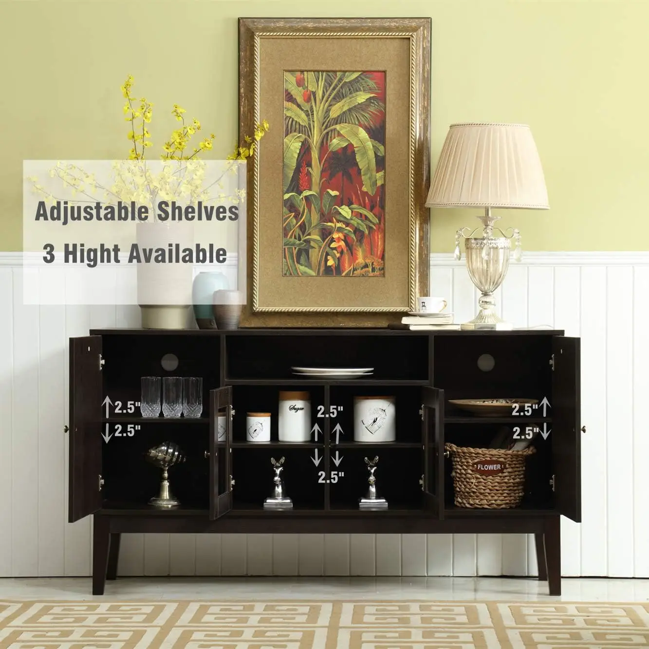 60" Modern Solid Wood Sideboard Buffet Table Storage Cabinet, Coffee Tea Bar Tall Console Table with 4 Doors for Dining Room 4