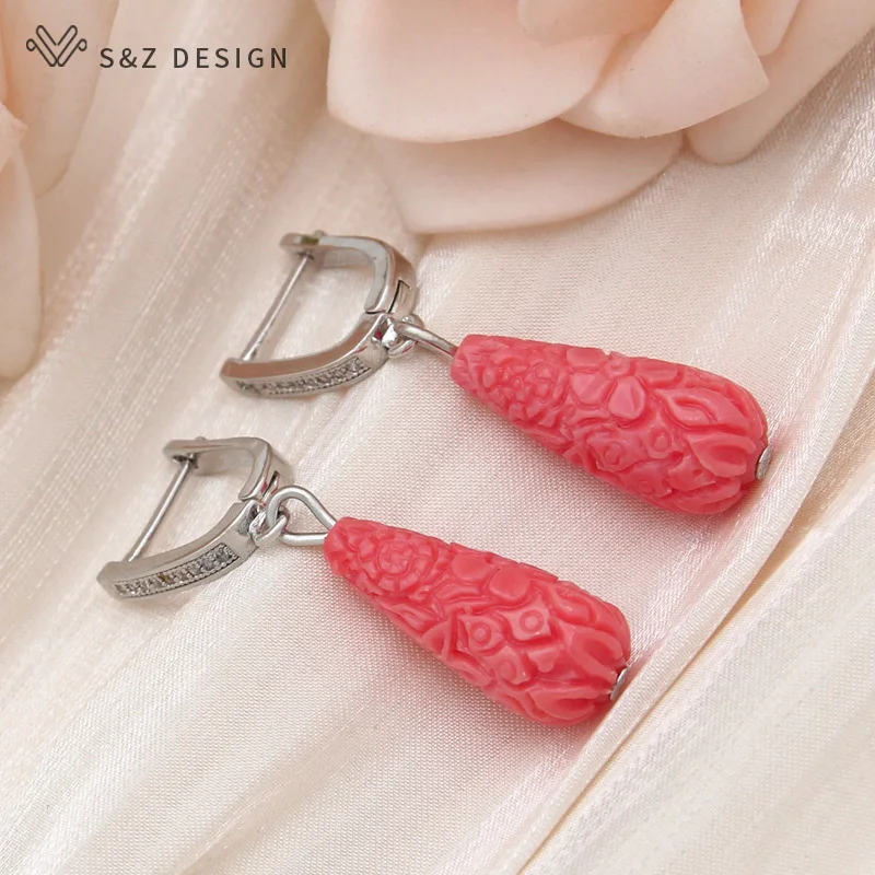 S&Z DESIGN New Fashion Water Drop Carve Flower Synthetic Shell Dangle Earrings For Women Wedding Cubic Zirconia Jewelry Gift