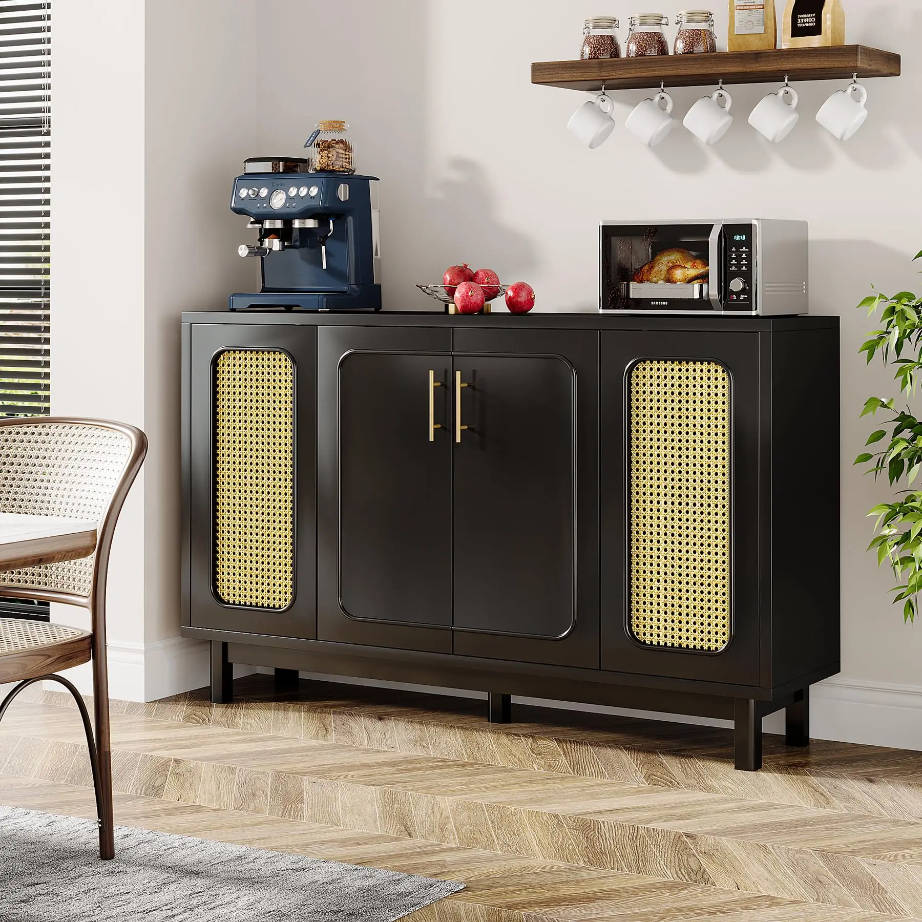 Tribesigns Black Sideboard Buffet Cabinet, 55" Modern Rattan Sideboard Cabinet with 10 Storage Compartments, Coffee Bar Accent S