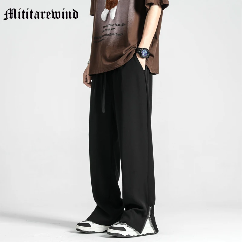 

Solid Ice Silk Suit Pants For Men Summer Thin Side Zipper Leg Design Straight Full Length Hip Hop Loose Trousers High Street