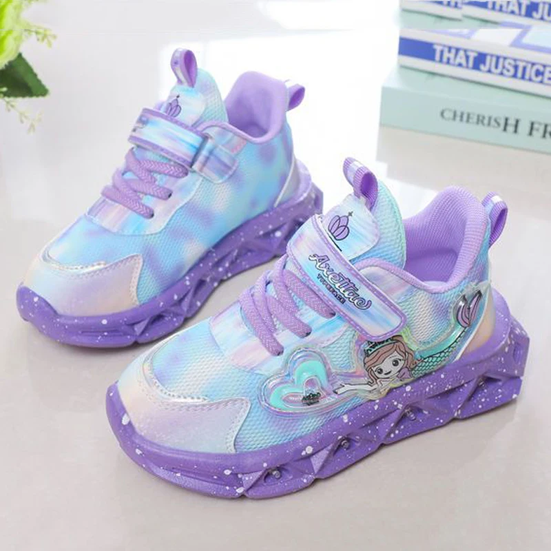 Children\'s Sports Shoes with Lights Cute Cartoon Mermaid Girls Sneakers Led Luminous Light Running Shoes Leather Toddler Shoes