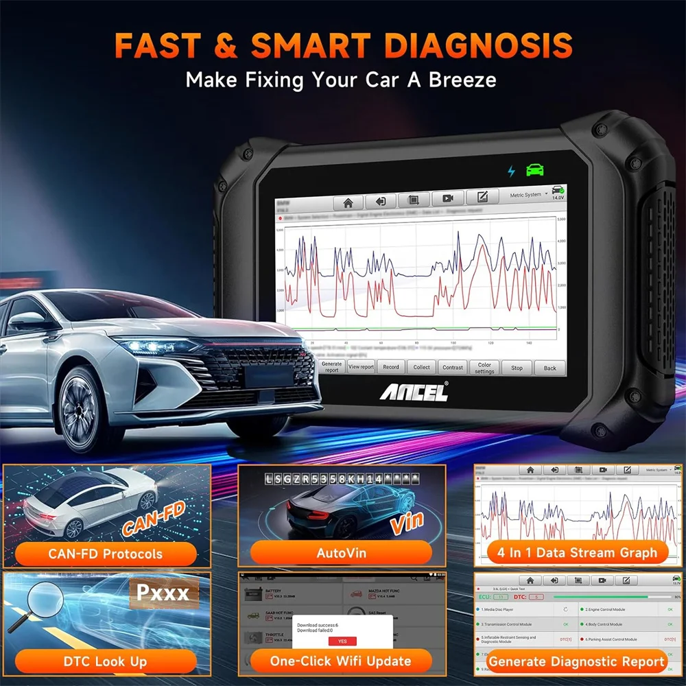 ANCEL V5BT 자동차 OBD2 스캐너 무선 양방향 진단 도구, 전체 시스템 활성 테스트, ABS 오일 TPMS SAS BMS CAN-FD 