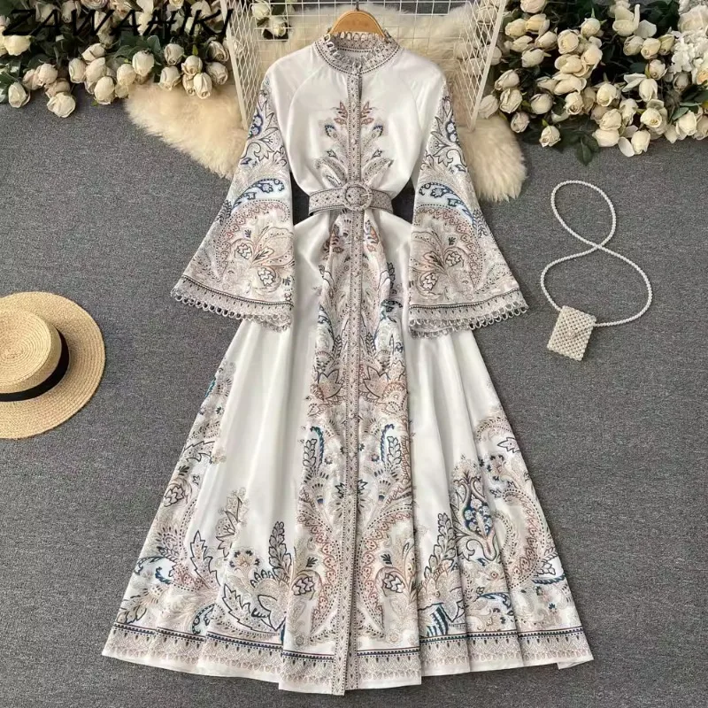 

ZAWAHIKI Dress for Women Spring Fall New Arrive Vintage O-neck Long Flare Sleeve Breasted Irregular Pleated Vestidos De Mujer