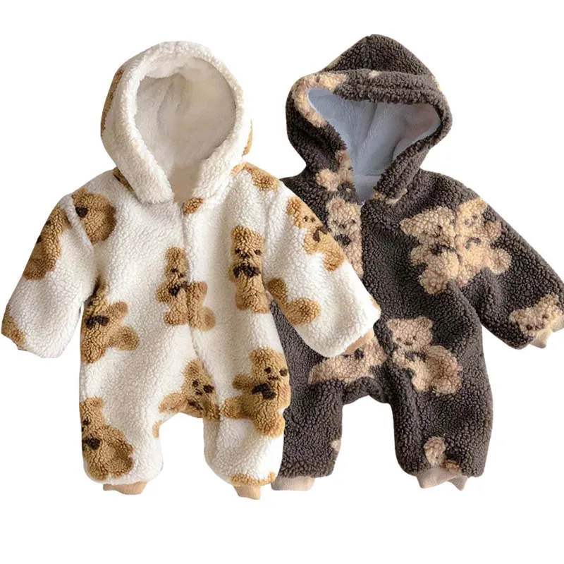 

Winter Warm Rompers for Baby Boy Girl Cute Bear Fleece Hooded Jumpsuit Thicken Newborn Clothes Autumn Toddler Kids Clothing 0-2Y