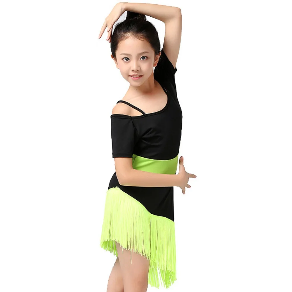 Latin Tassel Suspender Dress For Girls Off Shoulder Short Sleeve Irregular Hem Rumba Samba Dance Dress Ballroom Danc