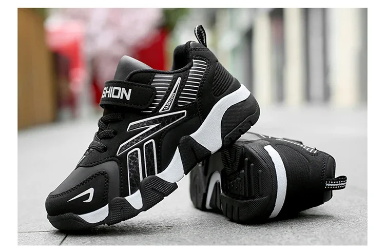 Boys Leather Sneakers - Kids Running Shoes With Rubber Outsole & Hook And Loop Closure