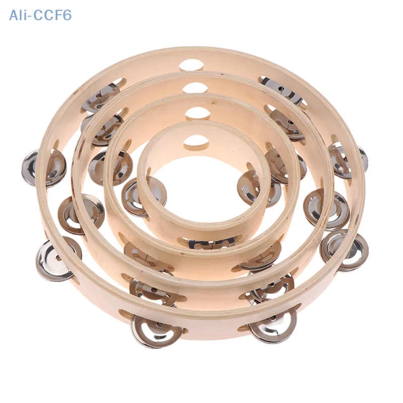 4/6/7/8/10Inch Hand Drums Toys Education Orff Musical Instrument Tambourine Hand Cranked Bell Single Row Wooden Tambourine Rings