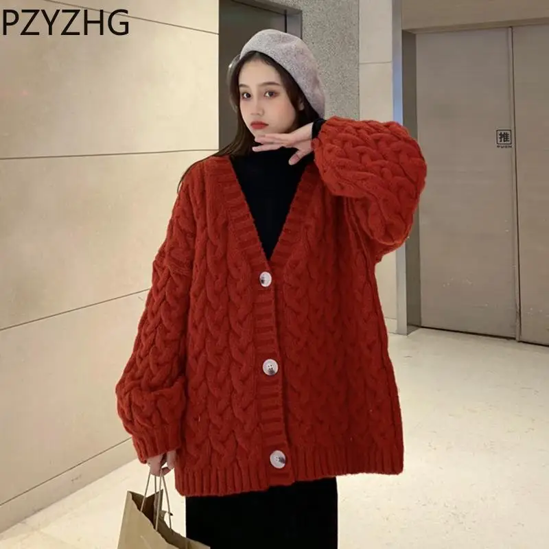 

Women 2023 New Autumn/Winter Sweater Knit Large V-neck Cardigan Red Loose Lazy Versatile Coat All-match Hin Thin