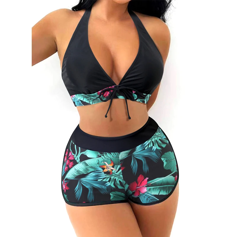 

Women's Bikini Sets V Neck Tropical Leaf Print High Waisted Two Pieces Swimsuit with Shorts Swimwear Bathing Suits Vintage Pants