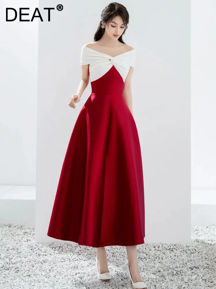 

DEAT Elegant Dress Slash Neck Patchwork Cross Contrast Color High Waist Women's Evening Dress 2024 Spring New Fashion 13DB3642