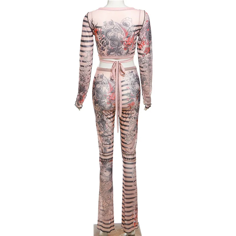 LW Dragon Floral Print Bandage Design Striped Pants Set Women2pcs Street Striped Pattern Long Sleeve V Neck Two Pieces Outfit